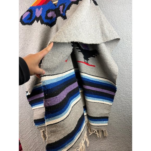 Vintage Native American Chimayo Wool Shawl Poncho Southwestern Thunderbird - Picture 4 of 6